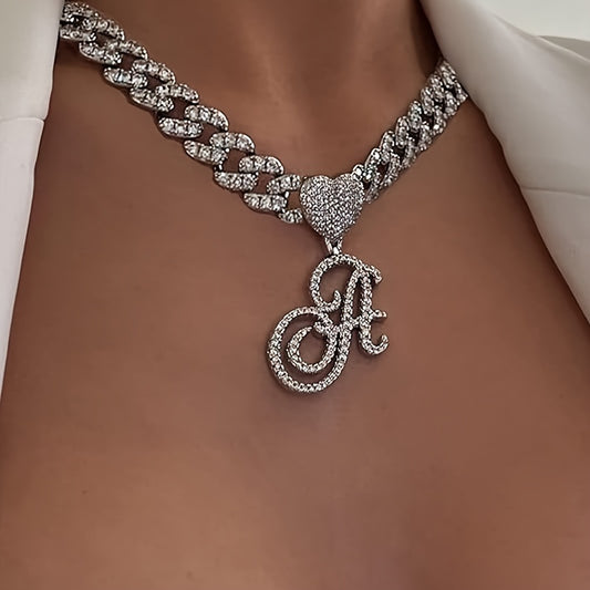 1 Piece Initial Necklace Men Women Silvery Cuban Chain Ice Rhinestone With Heart Shaped Letter Pendant Necklace Hip Hop Jewelry Gift