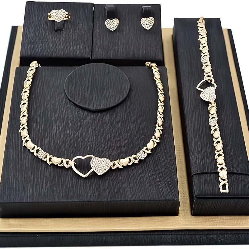 4pcs Exquisite Ladys Jewelry Set - Dazzling Heart-Shaped Necklaces, Delicate Charm Bracelets, Glamorous Stud Earrings, Sparkling Stackable Rings with Copper Accents - Ideal Gift for Special Occasions, Perfect for Women with Elegant Taste