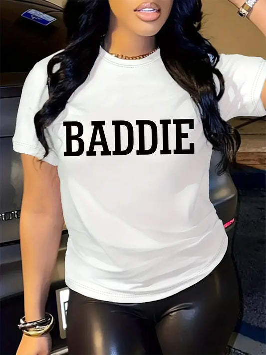 baddie letter Print T-shirt, Short Sleeve Crew Neck Casual Top For Summer & Spring, Women's Clothing