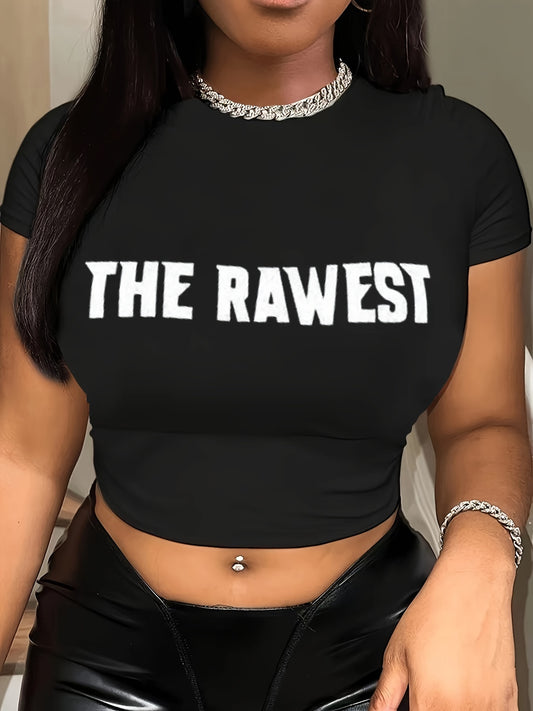 Womens Fashion Letter Print Crop Top T-Shirt - Casual Crew Neck, Short Sleeves for Spring & Summer - Stylish, Breathable, Perfect Wardrobe Addition