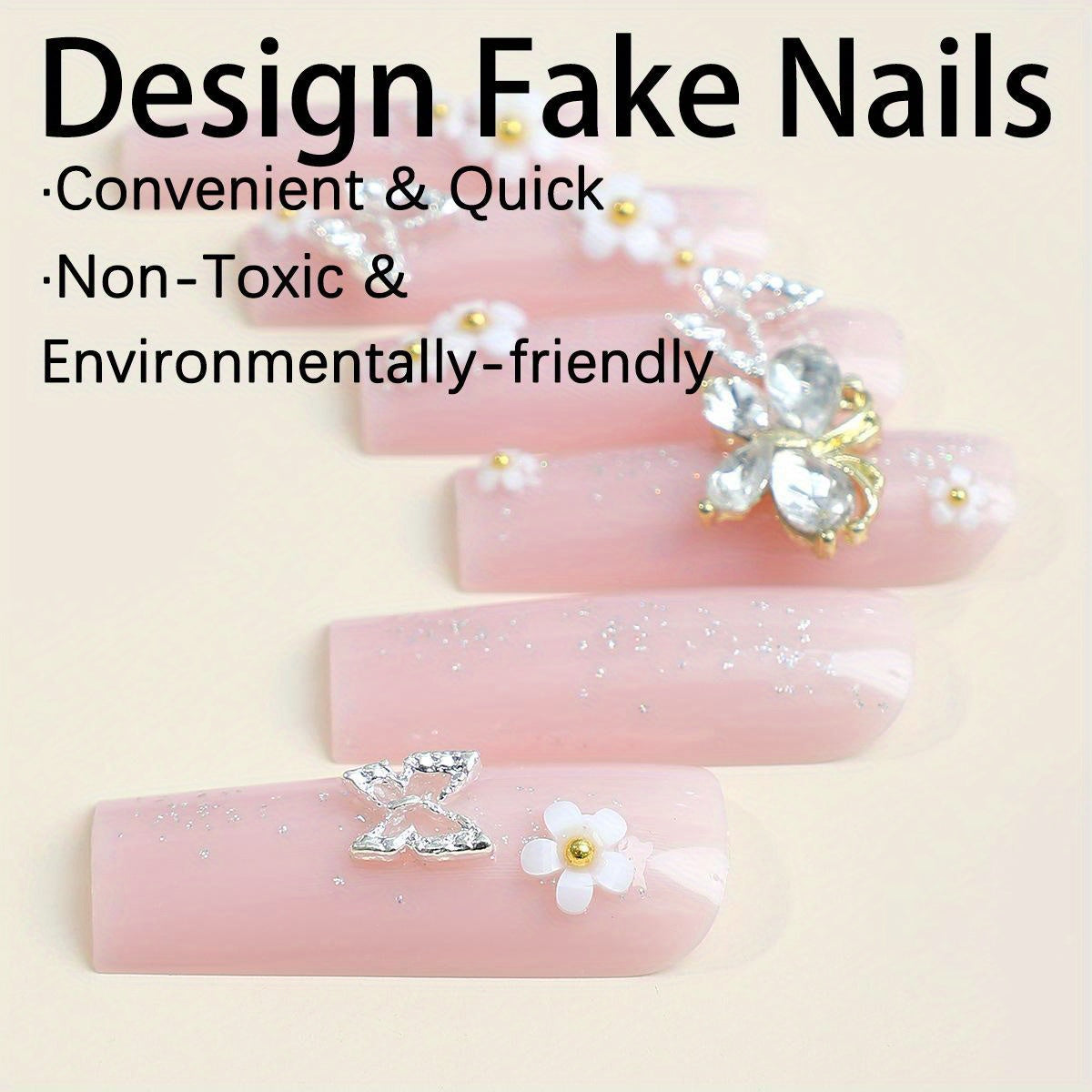 Glossy Pink Rectangle Artificial Nail - Romantic Press On Nails with 3D Flower, Butterfly, Rhinestone Design - Full Coverage Long Coffin Style - Suitable for Women and Girls - Acrylic False Nails for Nail Art Decoration (1 Box/24pcs)