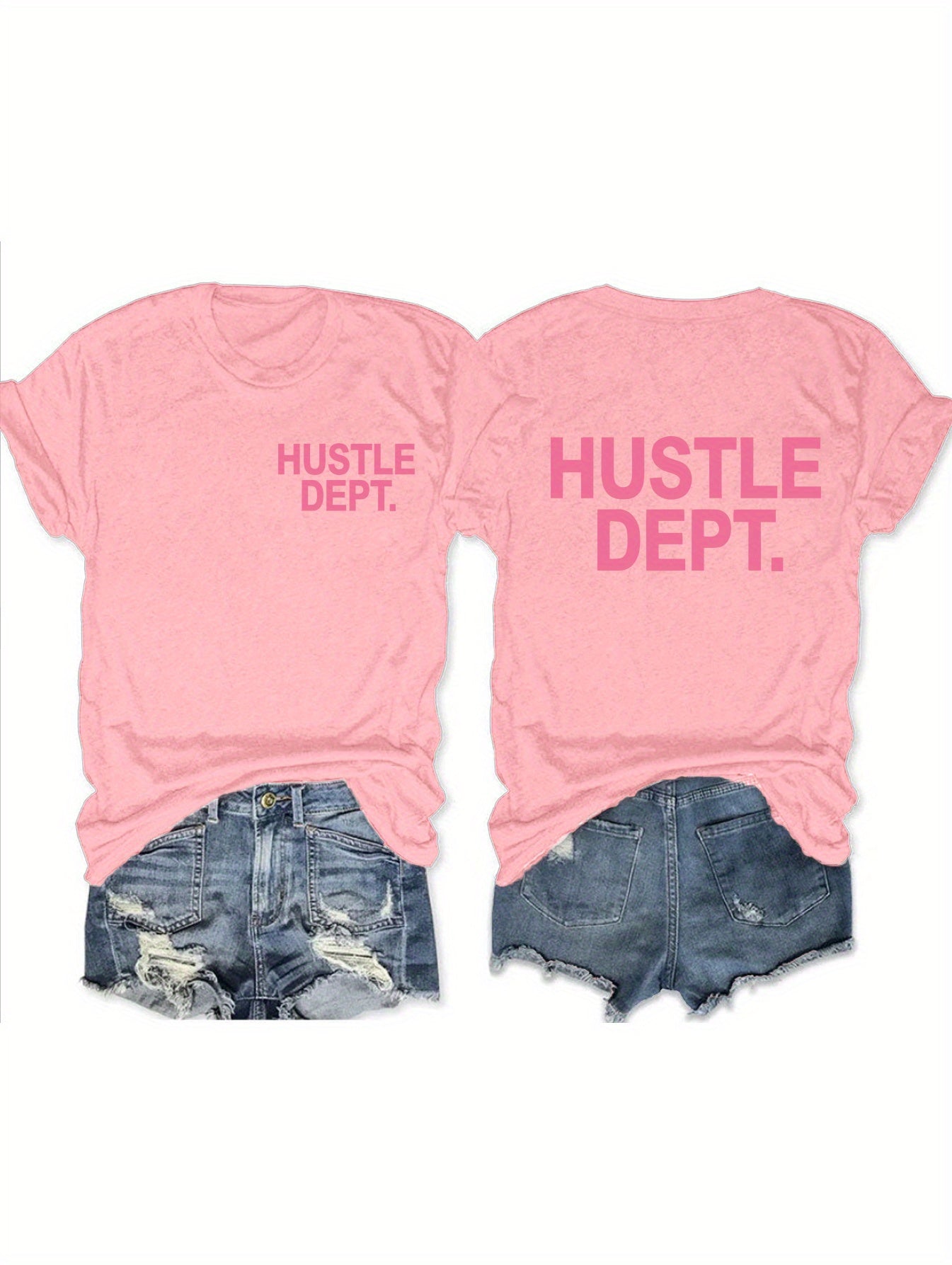 Hustle Print Crew Neck T-Shirt, Casual Short Sleeve Top For Spring & Summer, Women's Clothing