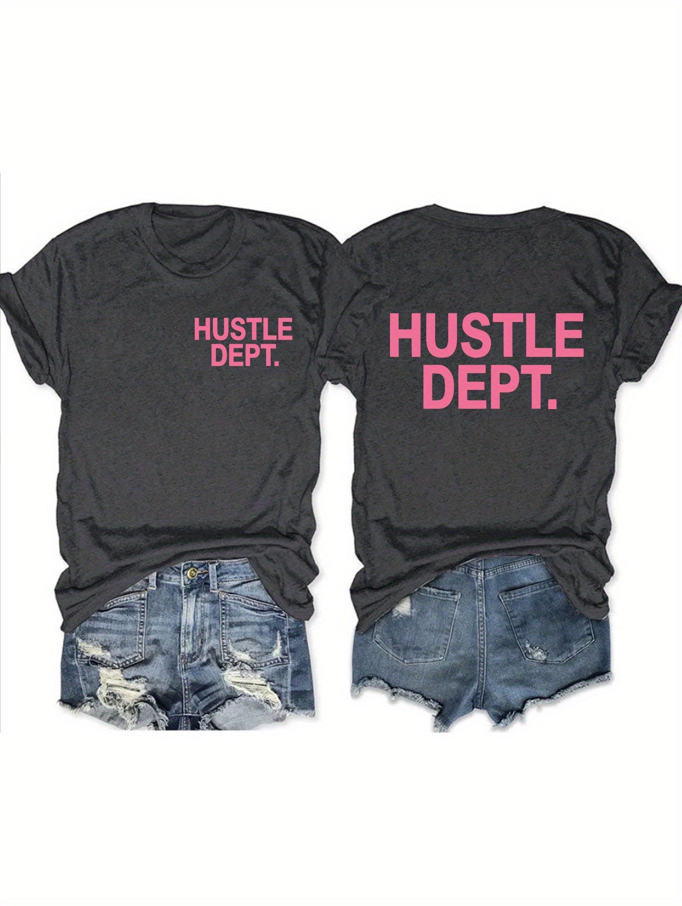 Hustle Print Crew Neck T-Shirt, Casual Short Sleeve Top For Spring & Summer, Women's Clothing