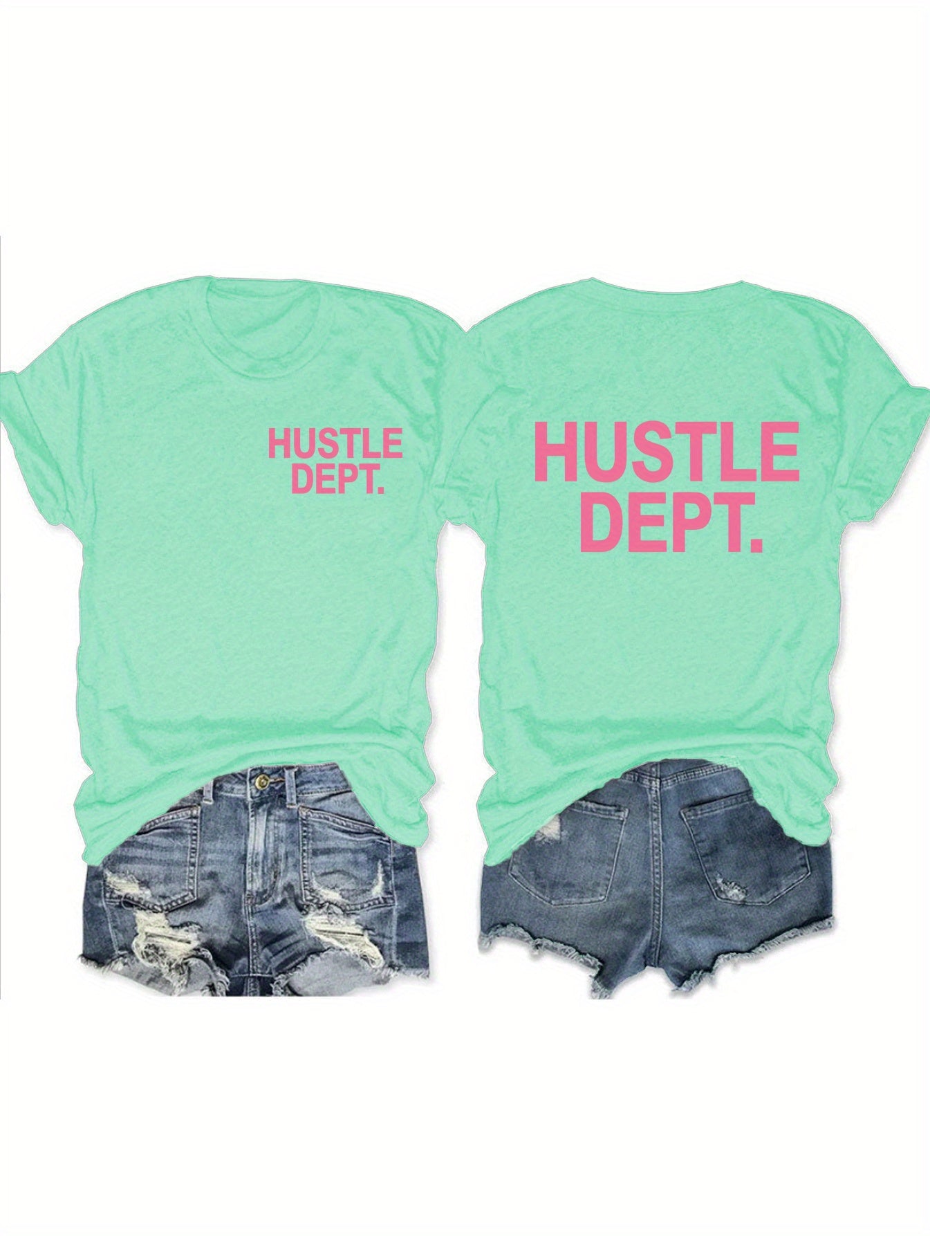 Hustle Print Crew Neck T-Shirt, Casual Short Sleeve Top For Spring & Summer, Women's Clothing