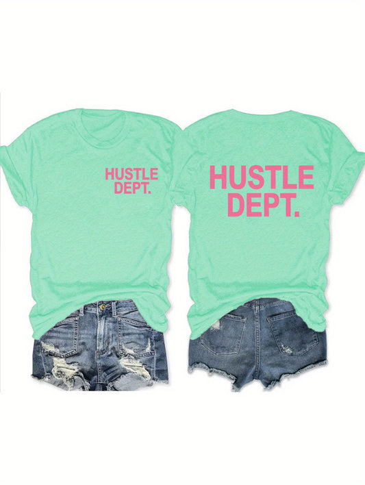 Hustle Print Crew Neck T-Shirt, Casual Short Sleeve Top For Spring & Summer, Women's Clothing