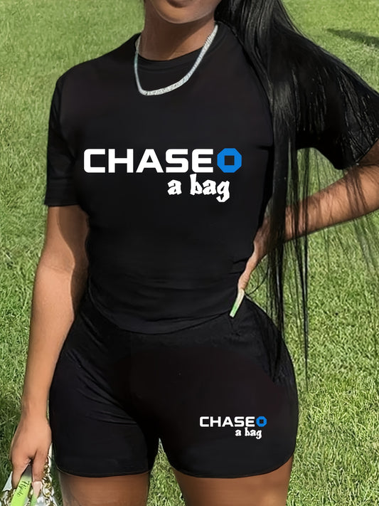 CHASE A BAG Print Shorts Set - Crew Neck T-shirt & High-Waisted Skinny Shorts with Vibrant Print - Chic Womens Everyday Outfit