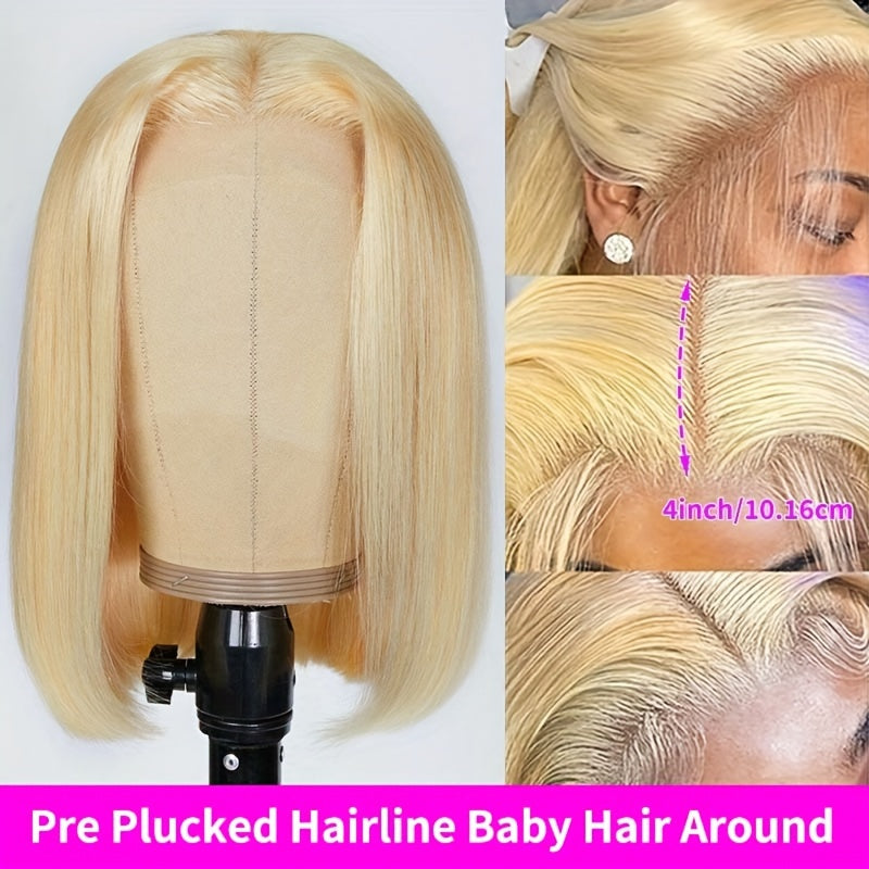 180% Density 613 Blonde Short Bob Wig Human Hair 13x4 HD Lace Front Wigs 10A Brazilian Straight Short Bob Wigs For Women Pre-plucked Natural Hairline Wig with Baby Hair