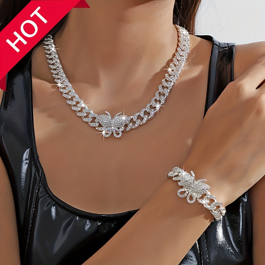 Hip Hop Style Jewelry Set - Necklace and Bracelet with Trendy Chain and Butterfly Design, Paved Shining Rhinestone, Golden or Silvery Finish