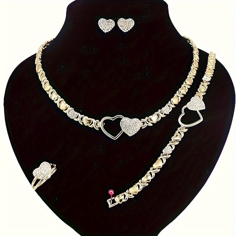 4pcs Exquisite Ladys Jewelry Set - Dazzling Heart-Shaped Necklaces, Delicate Charm Bracelets, Glamorous Stud Earrings, Sparkling Stackable Rings with Copper Accents - Ideal Gift for Special Occasions, Perfect for Women with Elegant Taste