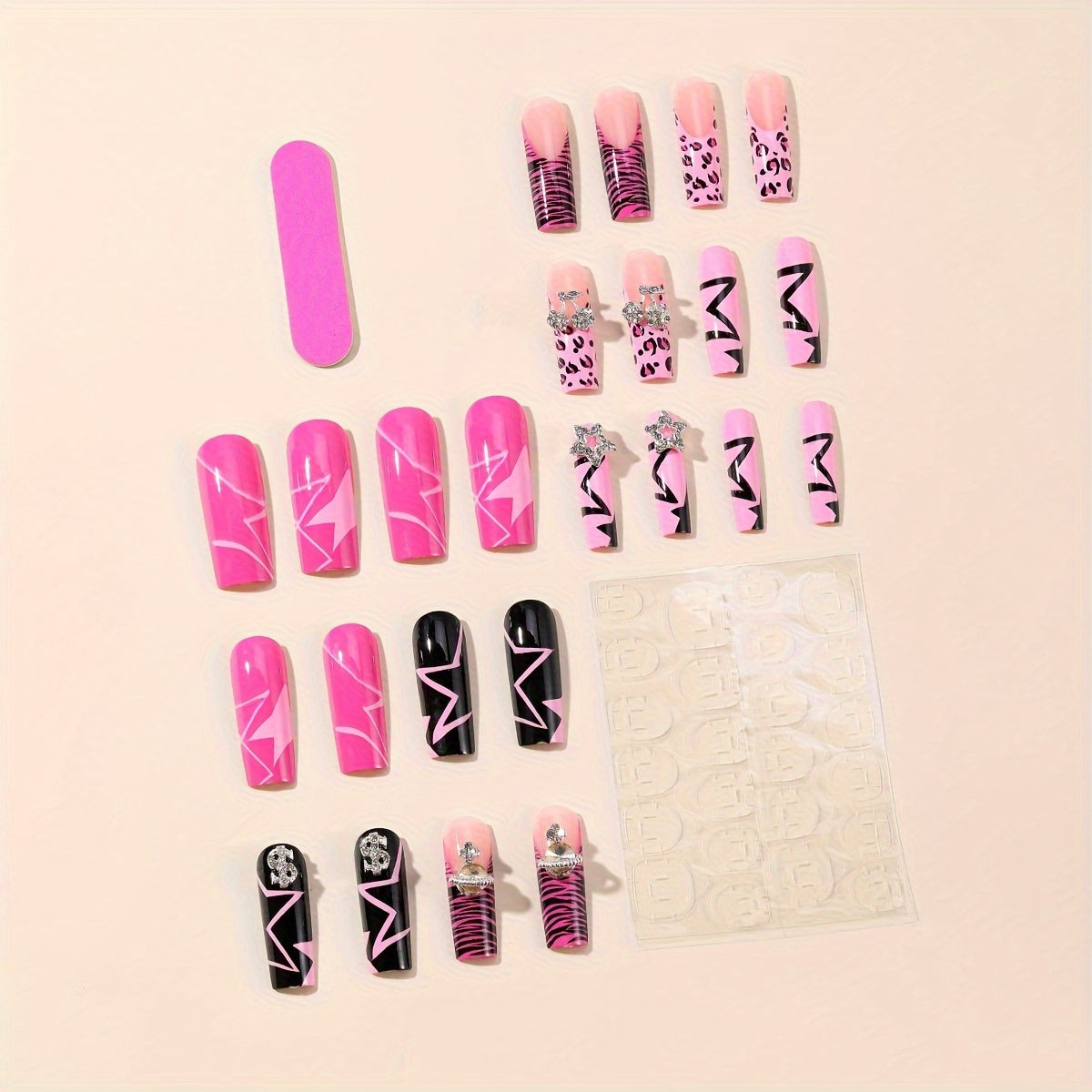 24Pcs Mixed Color Ballet Long Coffin Nails with Glossy Leopard Print Star Pattern & Alloy Cherry Accents Fake Nail Set for Women and Girls