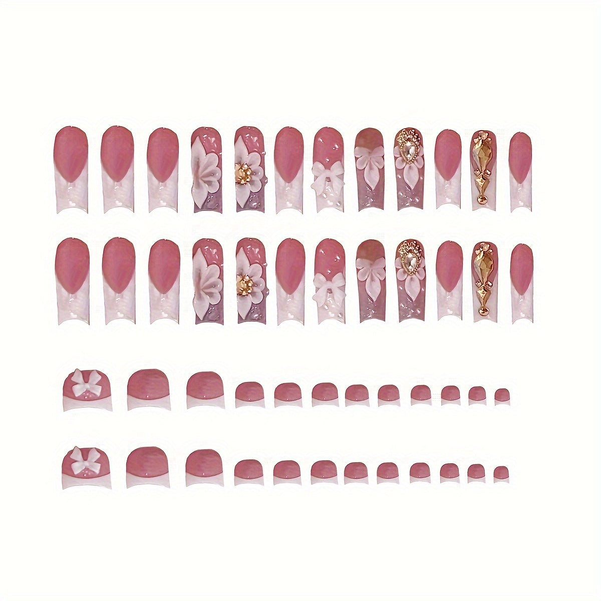 Improved product title: 48-Piece French 3D Flower Glitter Press-on Square Nails Set - Mixed Color Short False Nails with Glossy Finish - Easy Application Nail Art Kit for Women and Girls