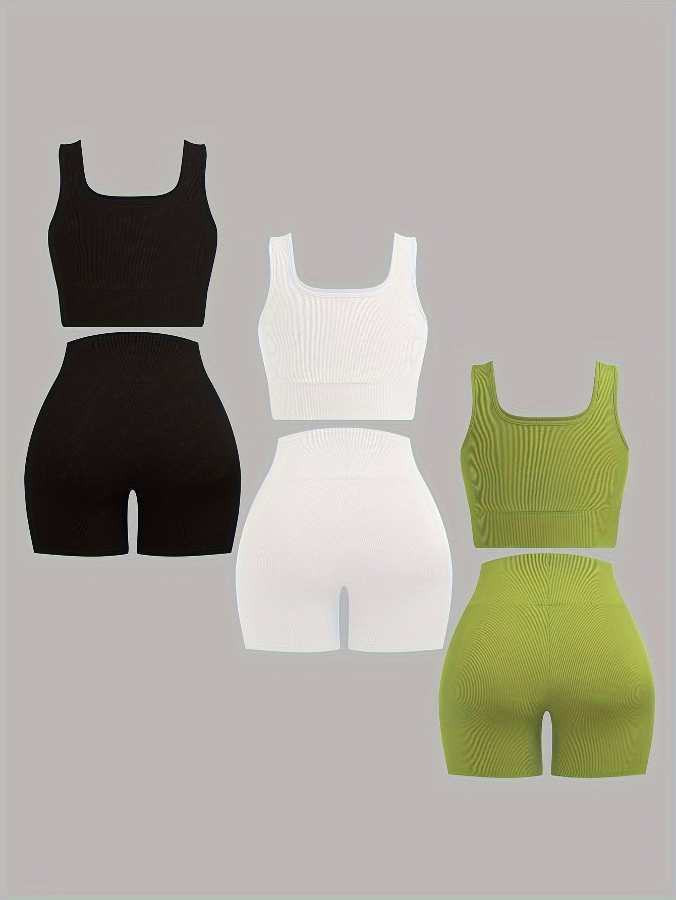 Womens 3-Pack Summer Wardrobe - Chic Square Neck Crop Tops & High-Waisted Shorts - Comfortable & Stylish Casual Wear