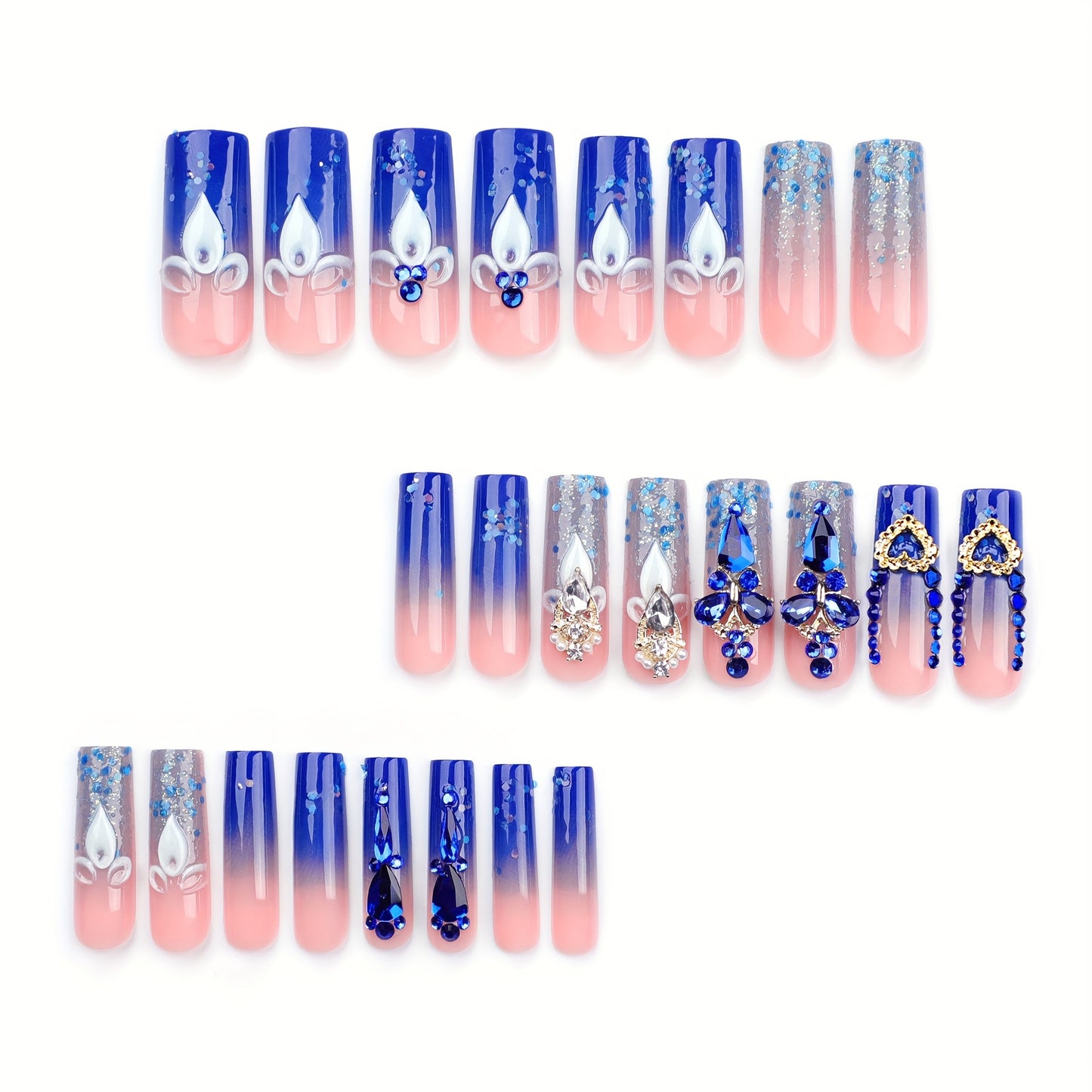 Lirches 24PCS Long Square Press On Nails with Glitter Flower Design, Mixed Color System, Glossy Finish - Wearable Artificial Nail Set with Jelly Glue & Nail File Included