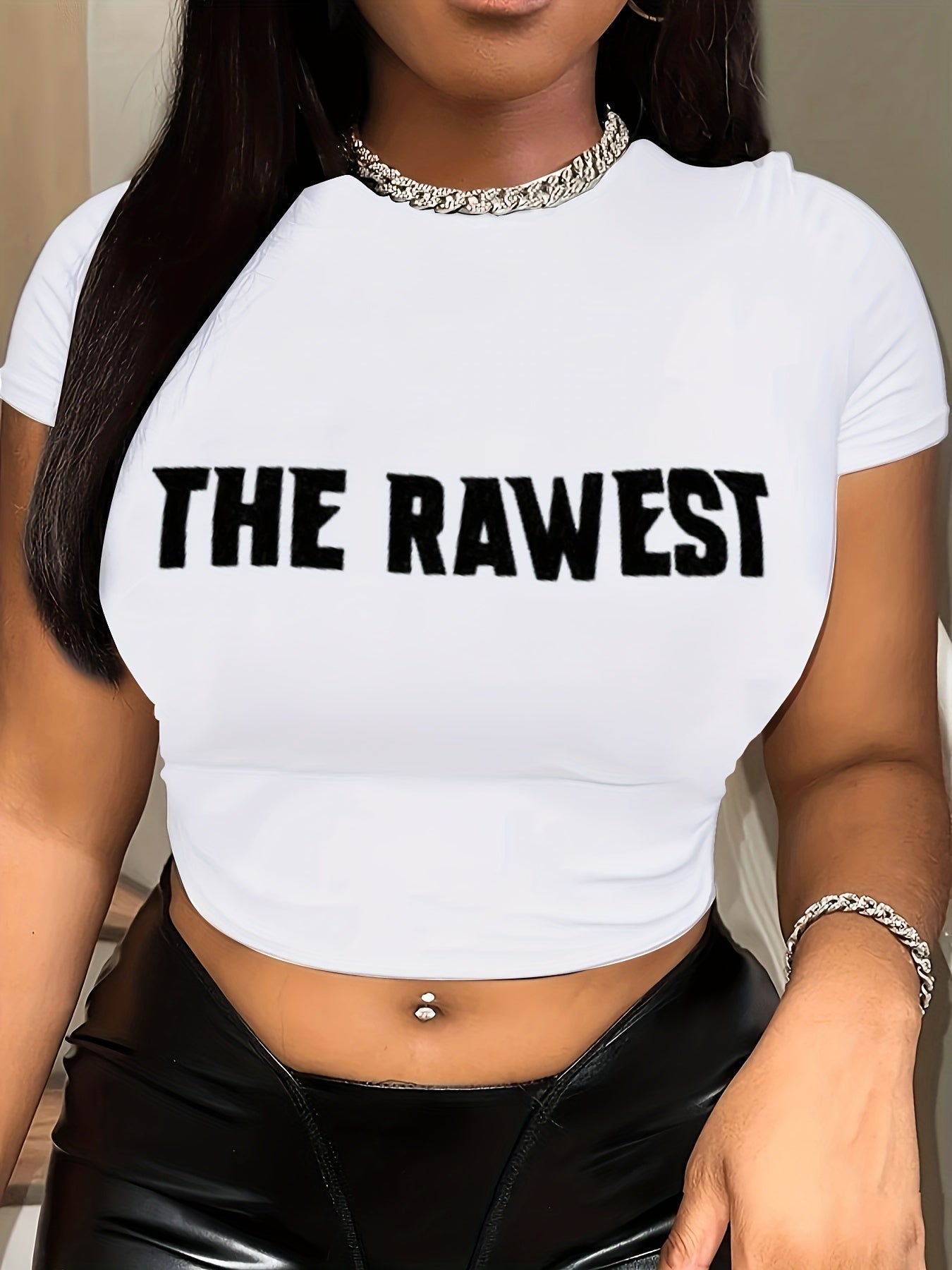 Womens Fashion Letter Print Crop Top T-Shirt - Casual Crew Neck, Short Sleeves for Spring & Summer - Stylish, Breathable, Perfect Wardrobe Addition