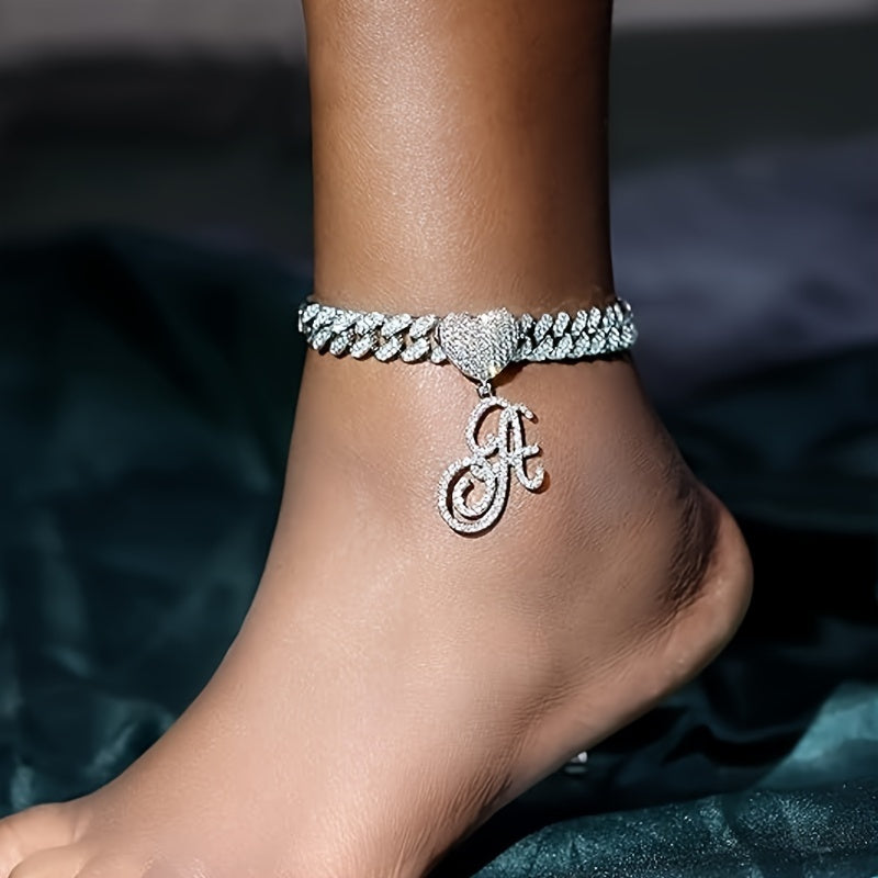 Optimize product title: Elegant Silvery Link Anklet with Delicate Cursive Pendant and Rhinestone Letter Chain - Fashion Accessory for Ladies