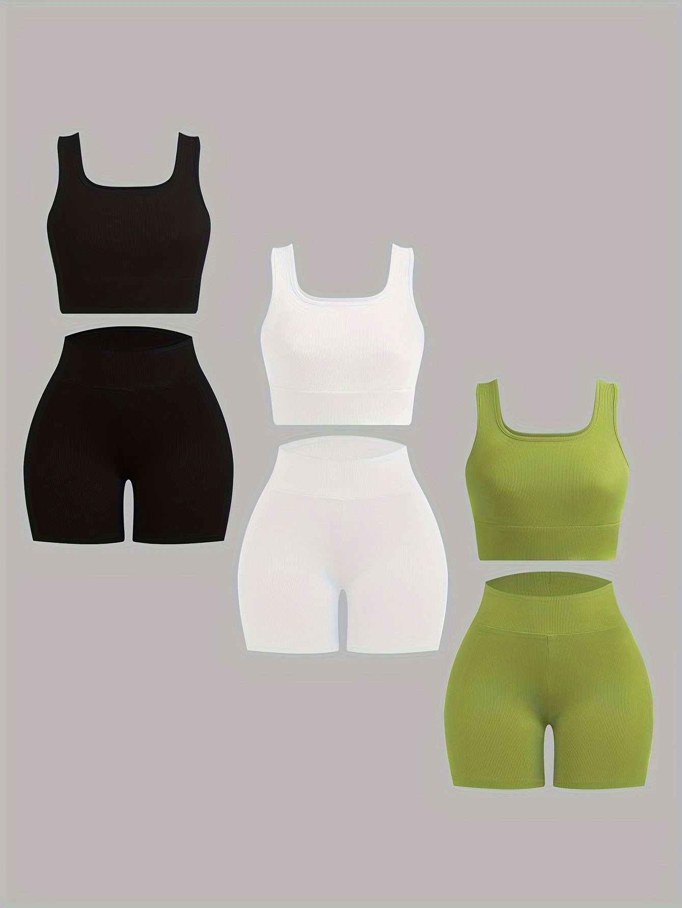 Womens 3-Pack Summer Wardrobe - Chic Square Neck Crop Tops & High-Waisted Shorts - Comfortable & Stylish Casual Wear