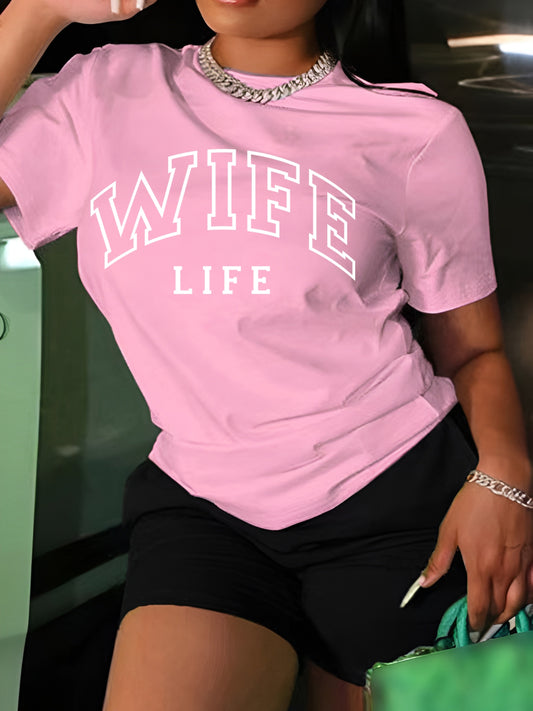 "Wife" Letter Print T-shirt, Casual Short Sleeve Crew Neck Top For Spring & Summer, Women's Clothing